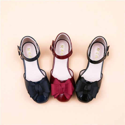 Hollow Velcro Patent Leather Shoes With Bow